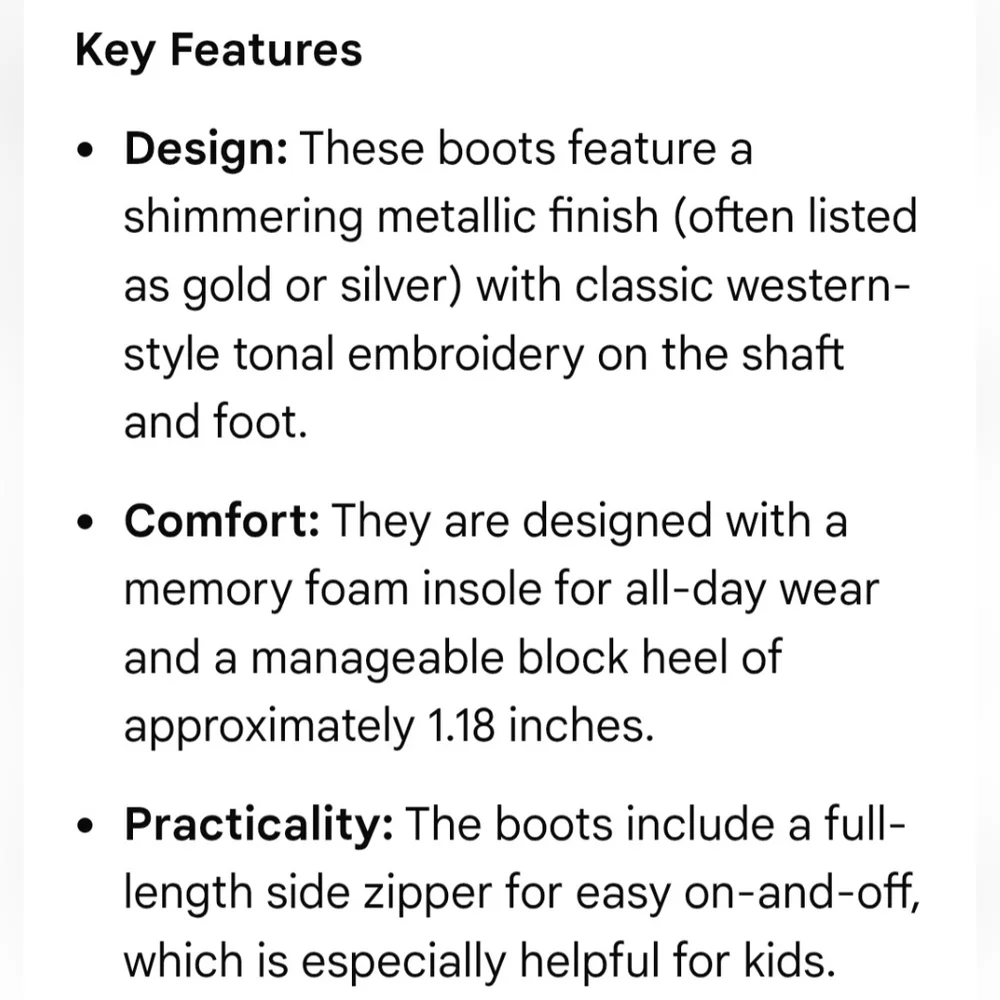 Shimmering Metallic Gold Zip Up Memory Foam Girls Cowboy Boots Size 5 & 6 NWB